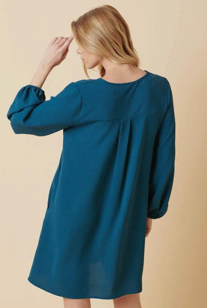Teal V Neck Balloon Sleeve Dress