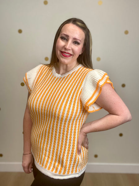 Orange & White Striped Ribbed Cap Sleeve Top