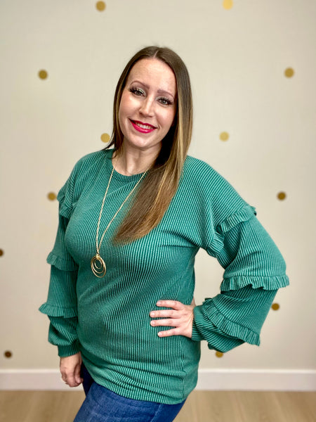 Hunter Green Ruffle Sleeve Top