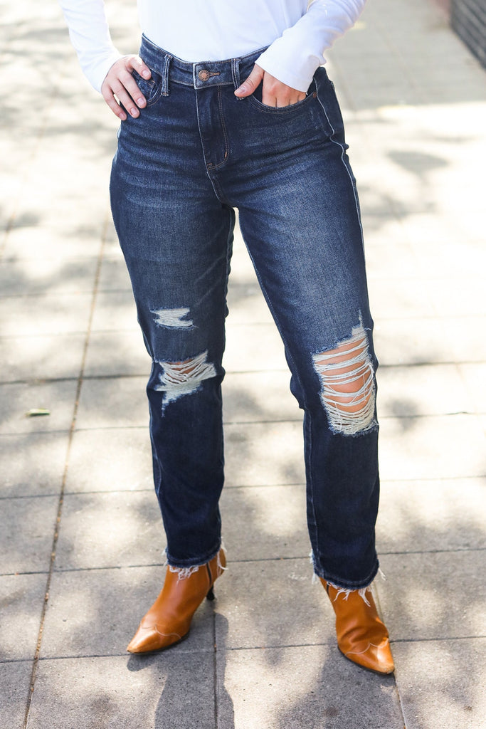 Judy Blue Dark Wash Mid Rise Distressed Straight Leg Jeans - Online Only!