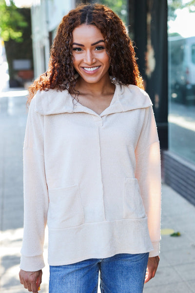 Easy Living Oatmeal Textured Knit Notch Neck Oversized Collar Sweater - Online Only!