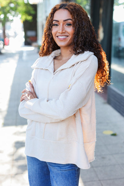 Easy Living Oatmeal Textured Knit Notch Neck Oversized Collar Sweater - Online Only!