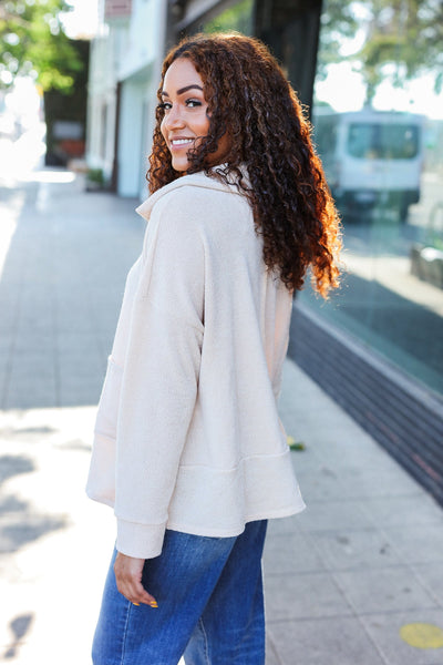 Easy Living Oatmeal Textured Knit Notch Neck Oversized Collar Sweater - Online Only!