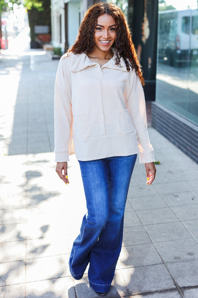 Easy Living Oatmeal Textured Knit Notch Neck Oversized Collar Sweater - Online Only!