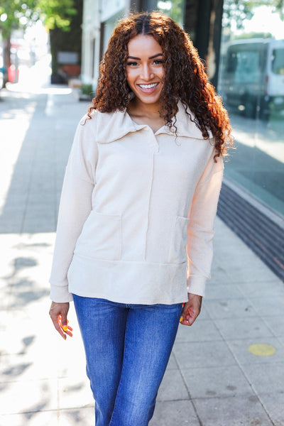 Easy Living Oatmeal Textured Knit Notch Neck Oversized Collar Sweater - Online Only!