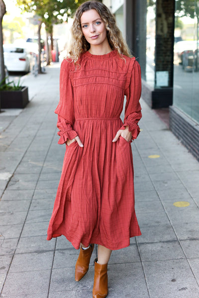 Love Found Rust Mock Neck Embossed Lined Dress - Online Only!