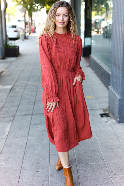 Love Found Rust Mock Neck Embossed Lined Dress - Online Only!