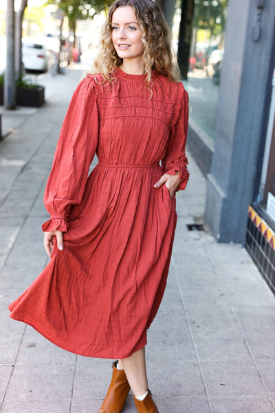 Love Found Rust Mock Neck Embossed Lined Dress - Online Only!