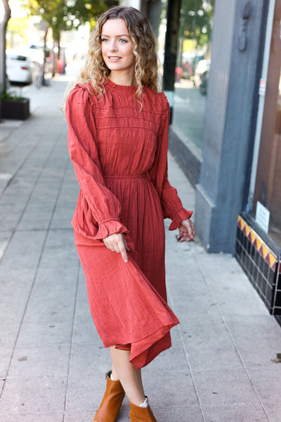 Love Found Rust Mock Neck Embossed Lined Dress - Online Only!