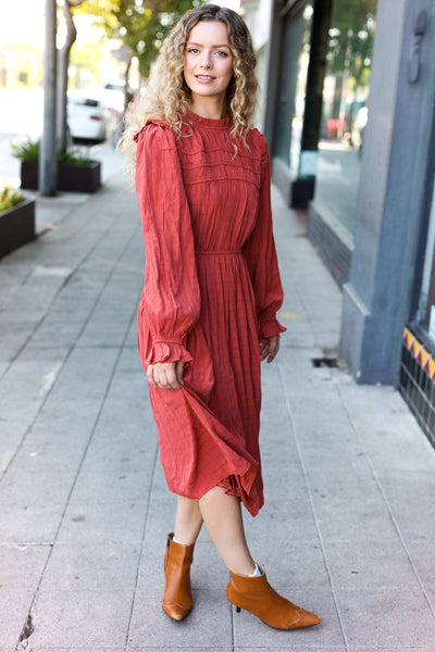 Love Found Rust Mock Neck Embossed Lined Dress - Online Only!