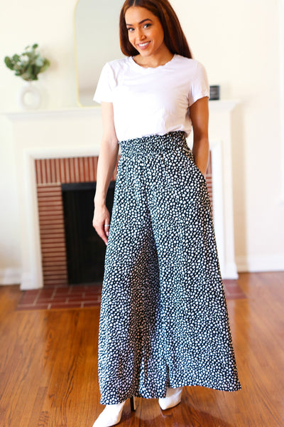 Let's Meet Up Black Animal Print Smocked Waist Palazzo Pants - Online Only!