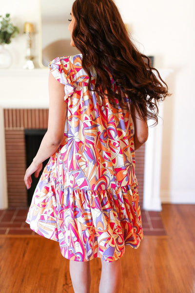 Multicolor Geometric Midi Flutter Sleeve Dress - Online Only!