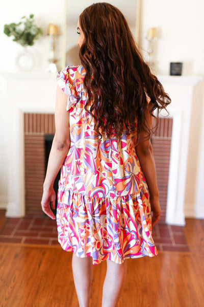 Multicolor Geometric Midi Flutter Sleeve Dress - Online Only!