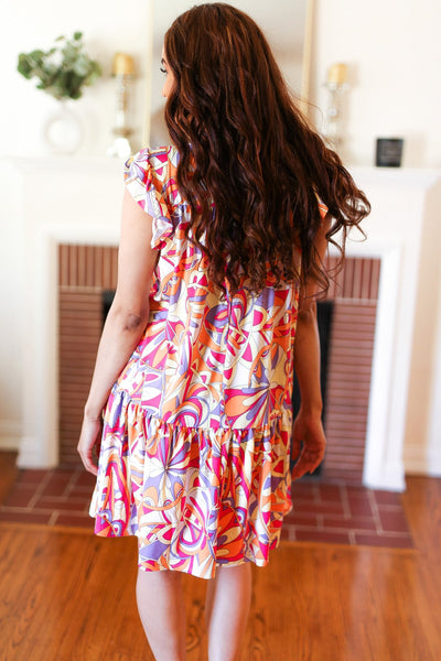 Multicolor Geometric Midi Flutter Sleeve Dress - Online Only!