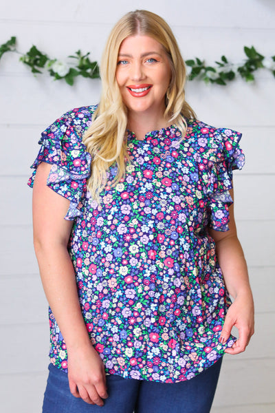 Navy Floral Mock Neck Flutter Sleeve Top - Online Only!