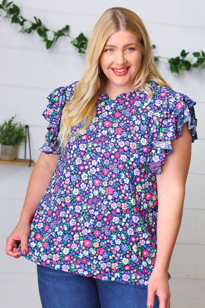 Navy Floral Mock Neck Flutter Sleeve Top - Online Only!