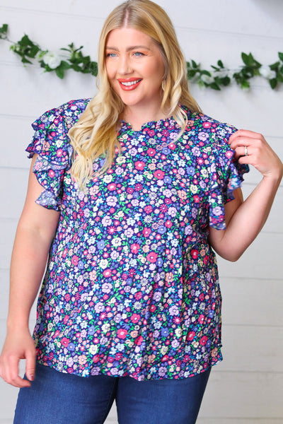 Navy Floral Mock Neck Flutter Sleeve Top - Online Only!