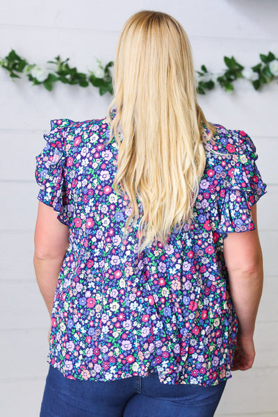 Navy Floral Mock Neck Flutter Sleeve Top - Online Only!