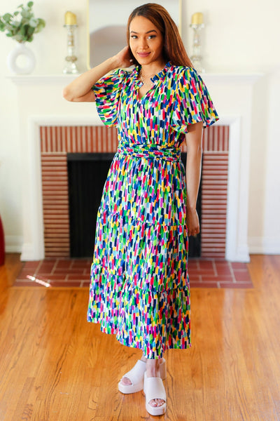 All For You Navy Multicolor Abstract Print Smocked Waist Maxi Dress - Online Only!