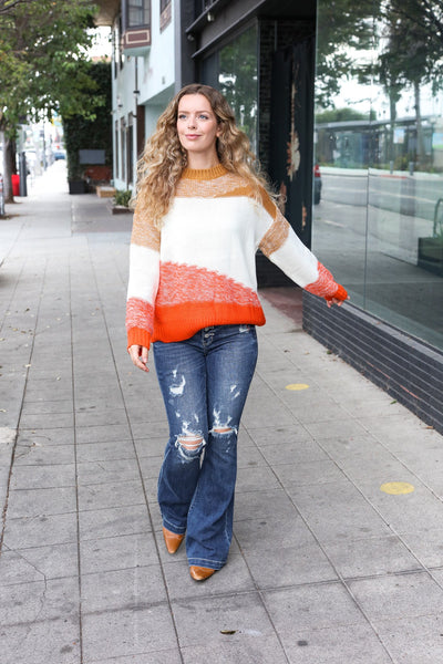 Adorable You Camel & Orange Color Block Sweater - Online Only!