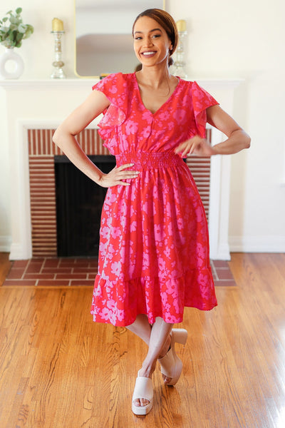 Remember Me Red & Pink Floral Print Smocked Waist Midi Dress - Online Only!