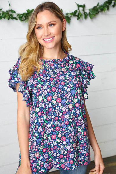 Navy Floral Mock Neck Flutter Sleeve Top - Online Only!