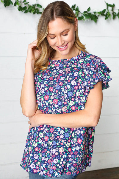 Navy Floral Mock Neck Flutter Sleeve Top - Online Only!