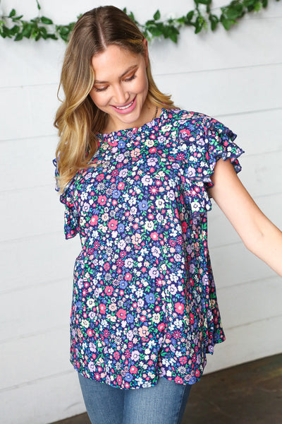 Navy Floral Mock Neck Flutter Sleeve Top - Online Only!