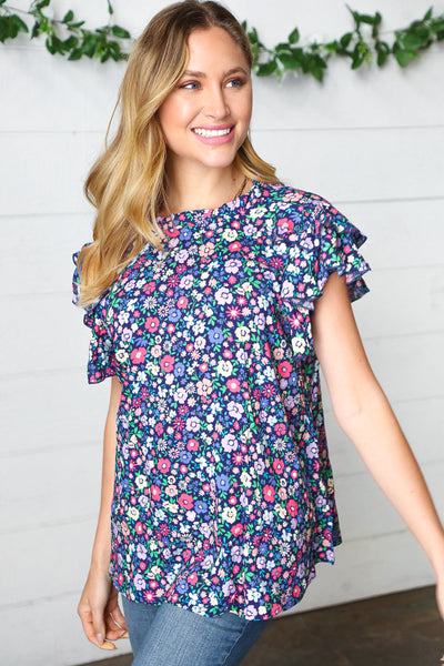 Navy Floral Mock Neck Flutter Sleeve Top - Online Only!