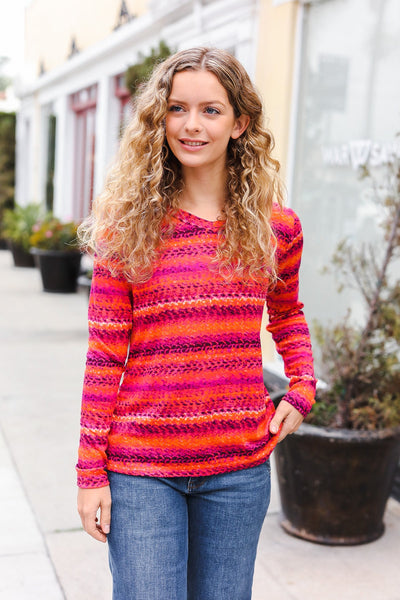 Be Bold Flame & Magenta Striped Cable Knit Print Hacci Top - Online Only!