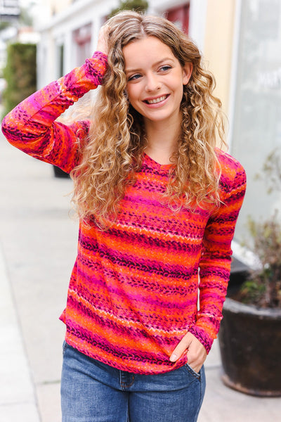 Be Bold Flame & Magenta Striped Cable Knit Print Hacci Top - Online Only!