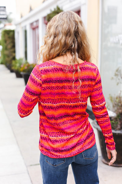 Be Bold Flame & Magenta Striped Cable Knit Print Hacci Top - Online Only!