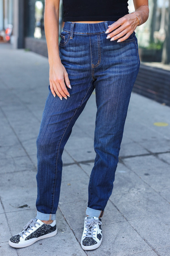 Judy Blue Dark Wash Pull On Cuffed Slim Fit Jeans - Online Only!
