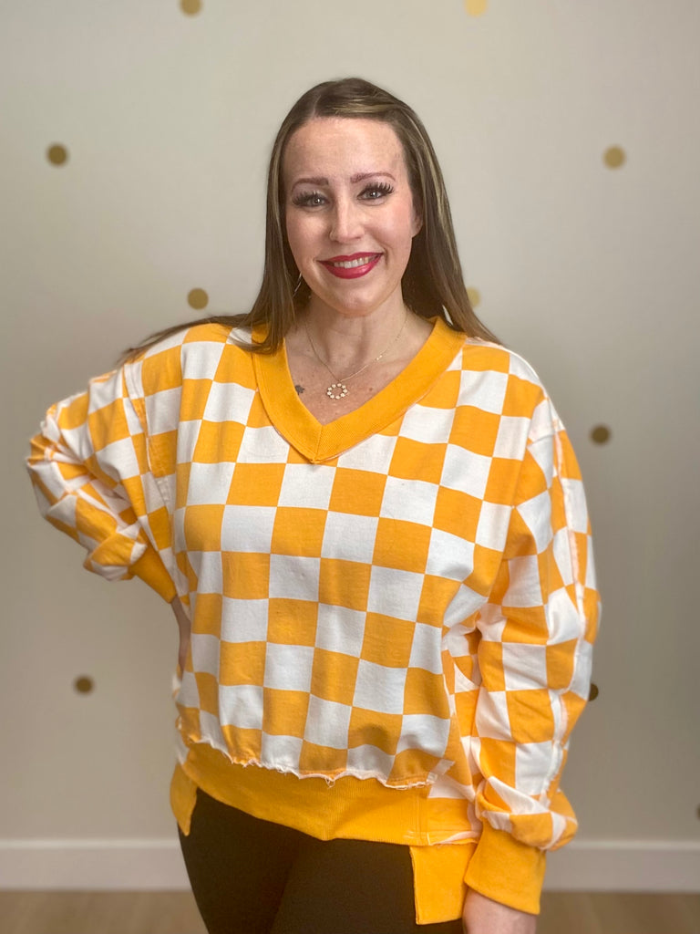 Oversized Orange Checkered Distressed Sweatshirt