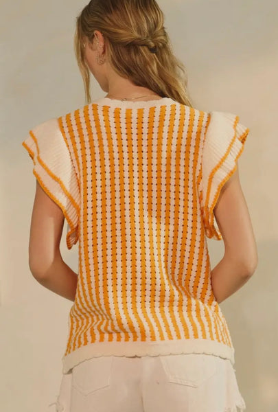 Orange & White Striped Ribbed Cap Sleeve Top