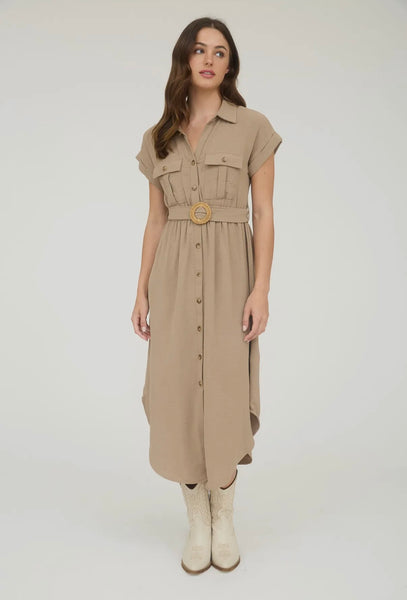 Mocha Collared Button Down Belted Midi Dress