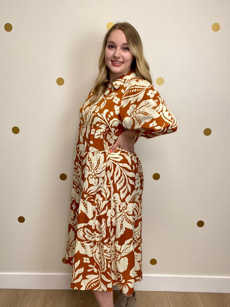 Umgee Rust Floral Print Midi Dress