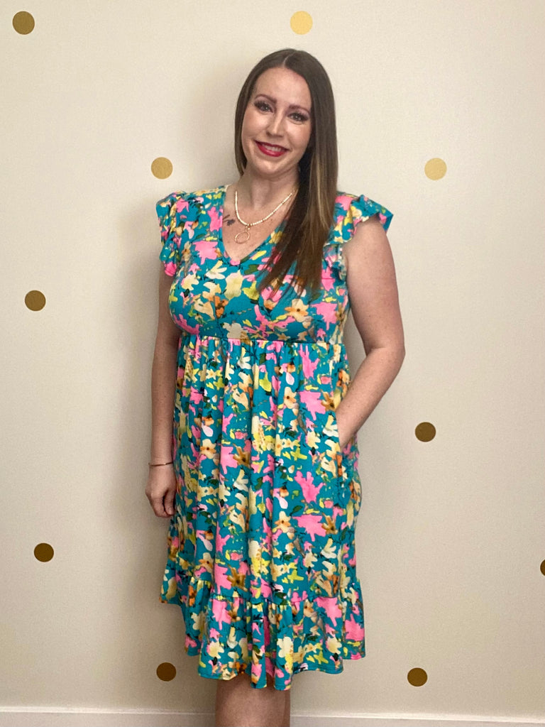 FINAL SALE Aqua Multicolor Floral Print Pocket Dress