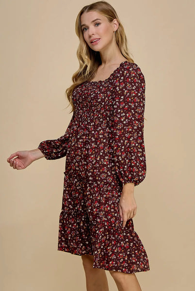 Brown Floral Smocked Tiered Dress
