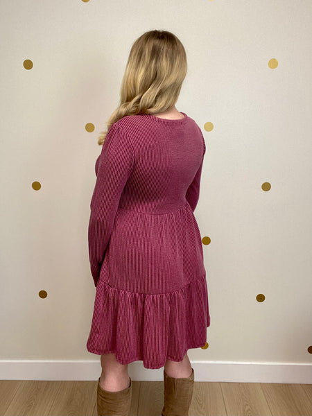 Wine Ribbed Tiered Dress