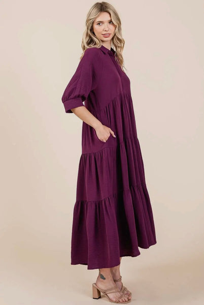 Magenta Button Tiered Maxi Dress