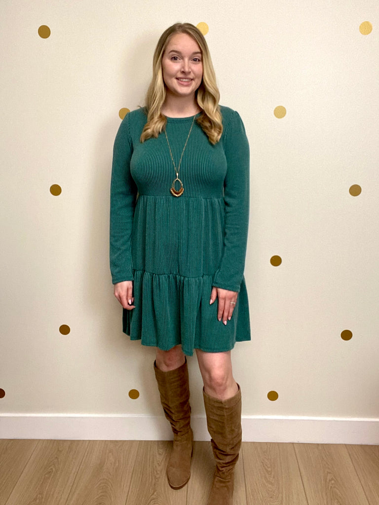 Hunter Green Ribbed Tiered Dress