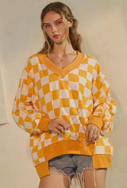 Oversized Orange Checkered Distressed Sweatshirt