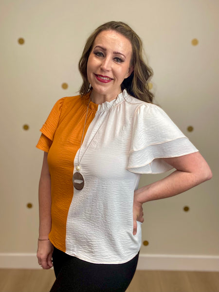 Orange & White Color Block Ruffle Sleeve Top
