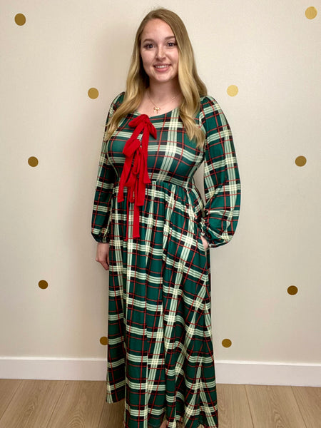 FINAL SALE Green & Red Plaid Bow Detail Midi Dress