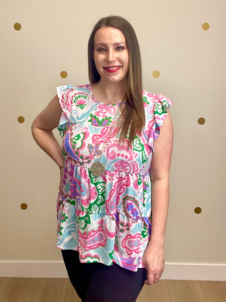 FINAL SALE Ivory & Fuchsia Paisley Tiered Top