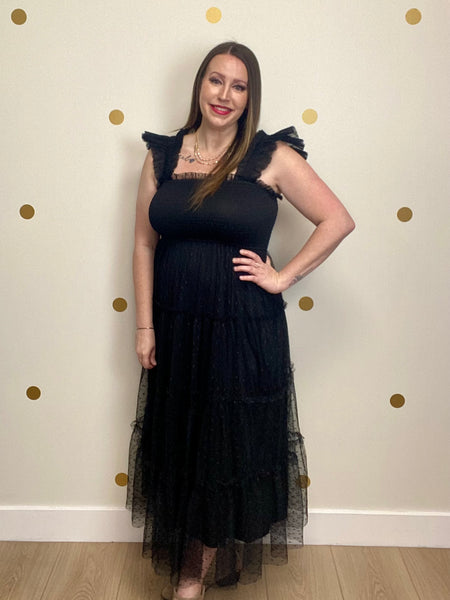 FINAL SALE Black Polka Dot Chiffon Smocked Tiered Dress