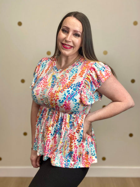 FINAL SALE Ivory Floral Ruffle Sleeve Top