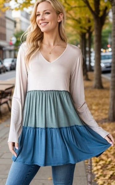 Olive & Teal Color Block Tiered Top