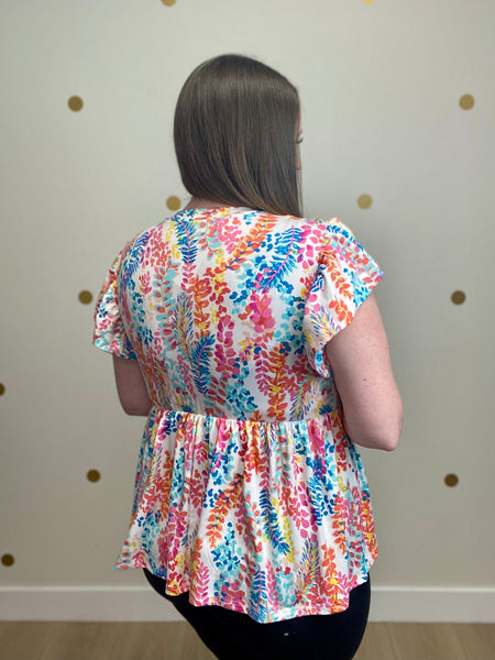 FINAL SALE Ivory Floral Ruffle Sleeve Top